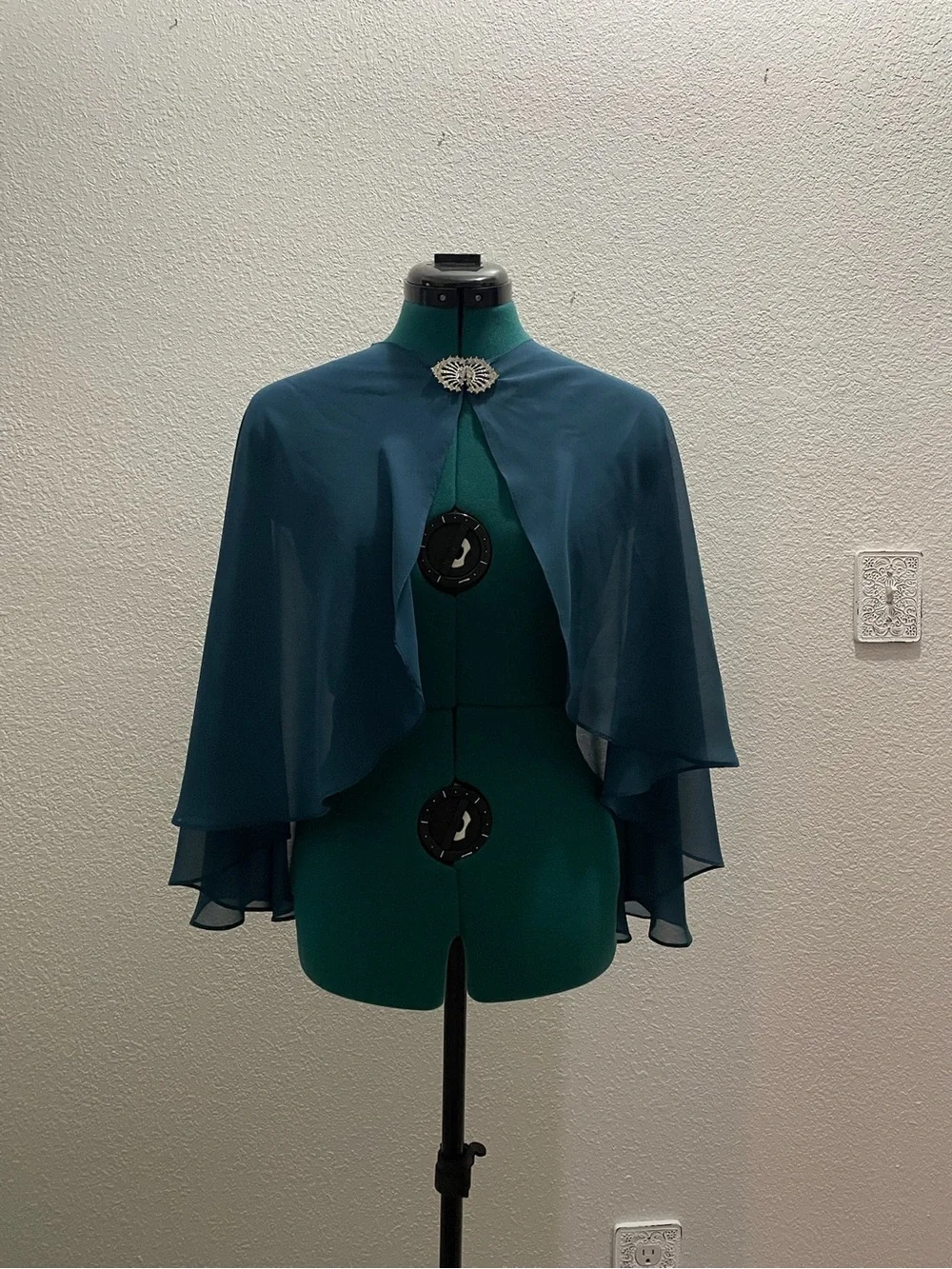 JJs House Teal Layered Chiffon Cape with Brooch